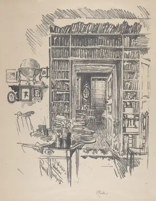 Book-Room at Dr. Wister's, by Joseph Pennell, ink, 1912