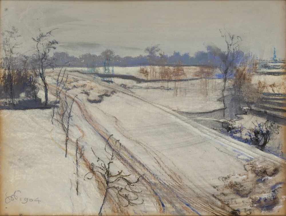 View of the Kościuszko Mound from the window in the artist's studio, gray day, detail