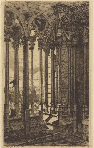 La galerie Notre-Dame, Paris (The Gallery of Notre Dame, Paris), by Charles Meryon, ink, 1853