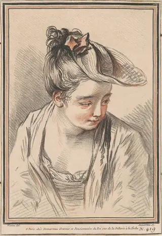Head of a Young Woman Wearing a Hat, by Gilles Demarteau the Elder, chalk, 1773