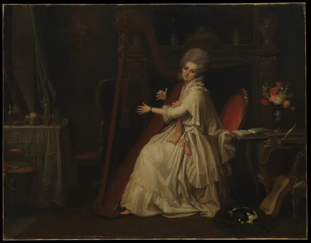 Richard Cosway, Portrait of Marianne Dorothy Harland (1759-1785), Later Mrs. William Dalrymple. The face is fully resolved while the gown and landscape stay deliberately unfinished, a miniaturist's hierarchy of attention worked at full scale.