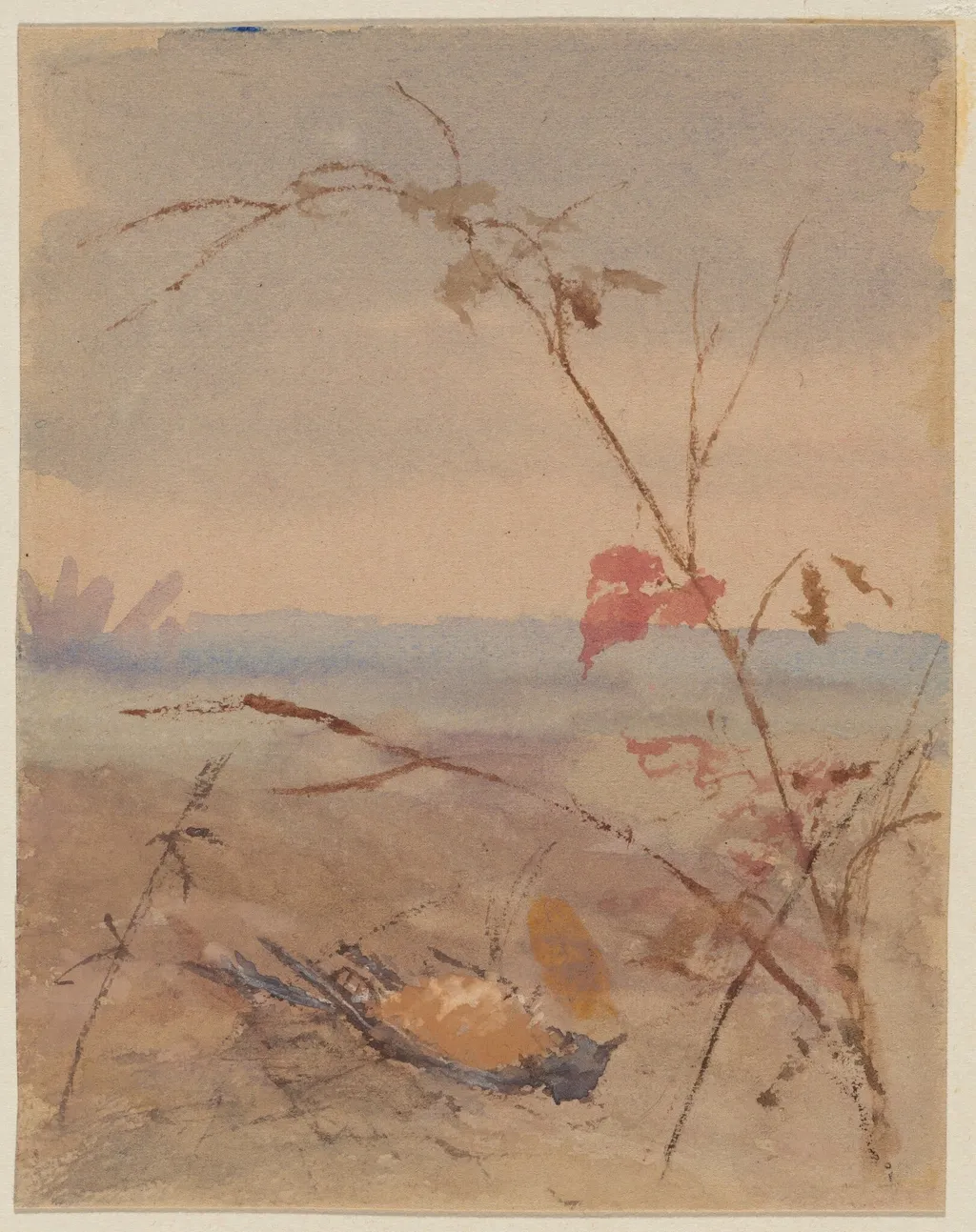 Dead Yellow-breasted Bird in Autumn Landscape, by Fidelia Bridges, watercolor, 1874
