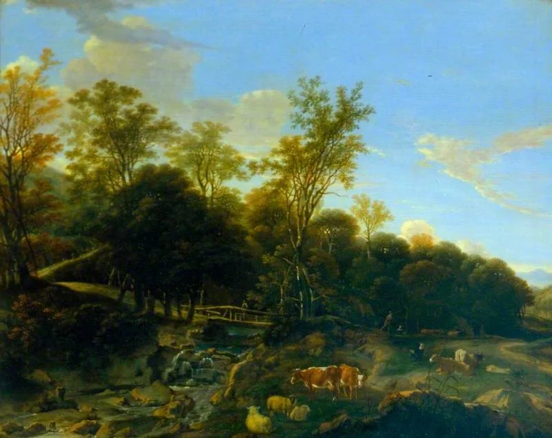 Landscape with a Rustic Bridge and Cattle, detail
