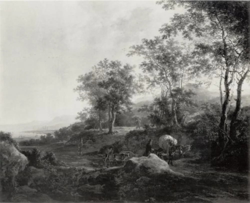 Southern landscape with travellers on a flooded track, detail