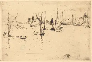 Boats, Dordrecht, by James McNeill Whistler, ink, 1884