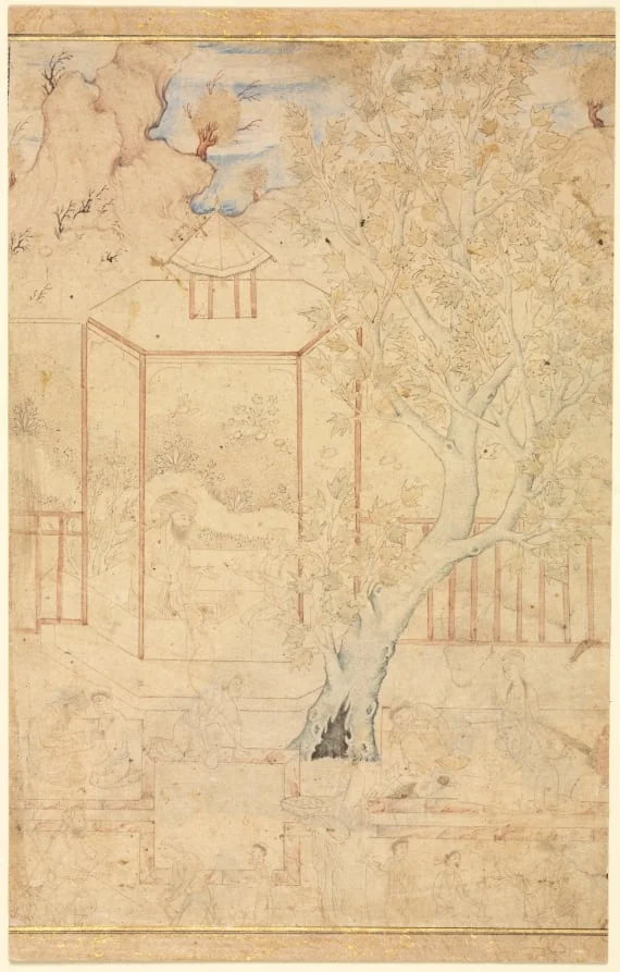 Garden Scene with a Master Instructing a Student in a Pavilion, detail