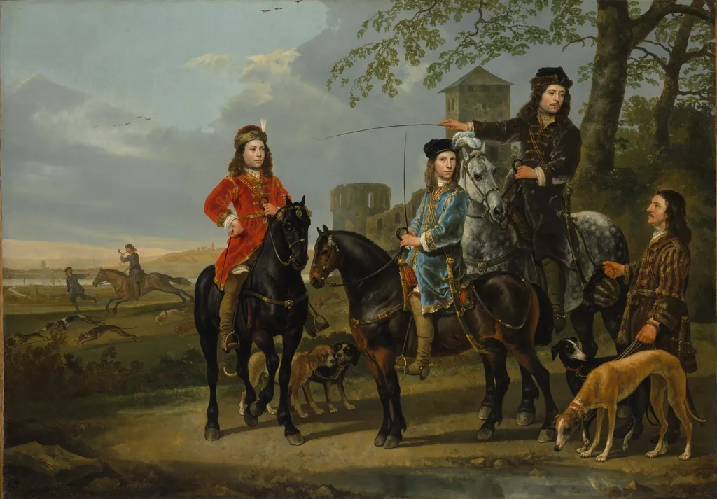 Equestrian Portrait of Cornelis (1639–1680) and Michiel Pompe van Meerdervoort (1638–1653) with Their Tutor and Coachman ("Starting for the Hunt"), by Aelbert Cuyp, oil, 1652