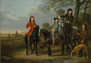 Equestrian Portrait of Cornelis (1639–1680) and Michiel Pompe van Meerdervoort (1638–1653) with Their Tutor and Coachman ("Starting for the Hunt"), by Aelbert Cuyp, oil, 1652