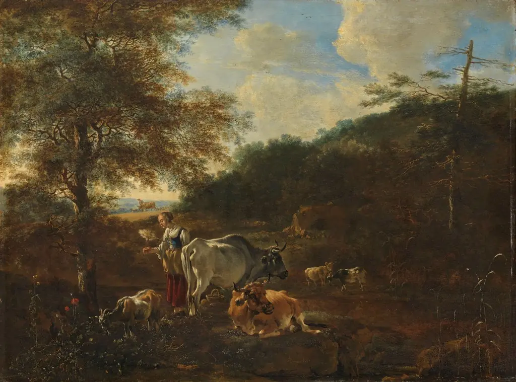 Landscape with cattle, by Adam Pynacker, oil, 1649