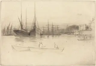 Steamboats off the Tower, by James McNeill Whistler, ink, 1875