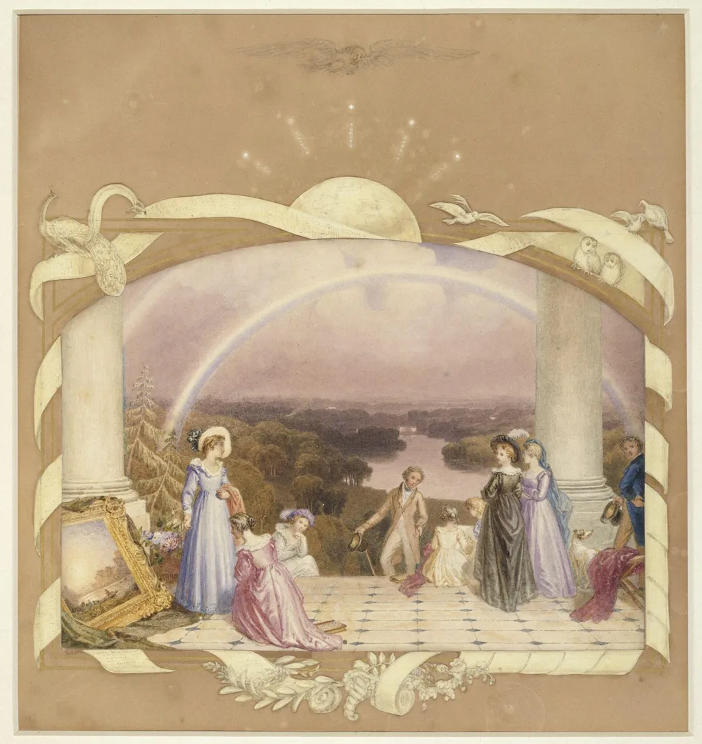 Figures admiring a painting on the terrace at Richmond, by George Fennel Robson, watercolor