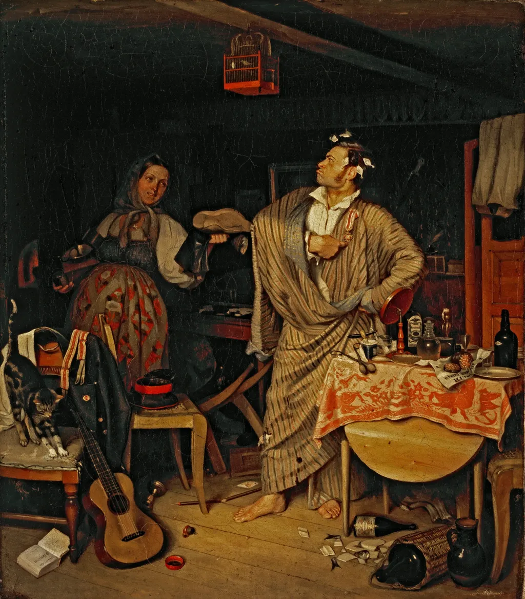 "The fresh cavalier." The 'morning after' of an official who has received his first state order, by Pavel Fedotov, oil, 1846