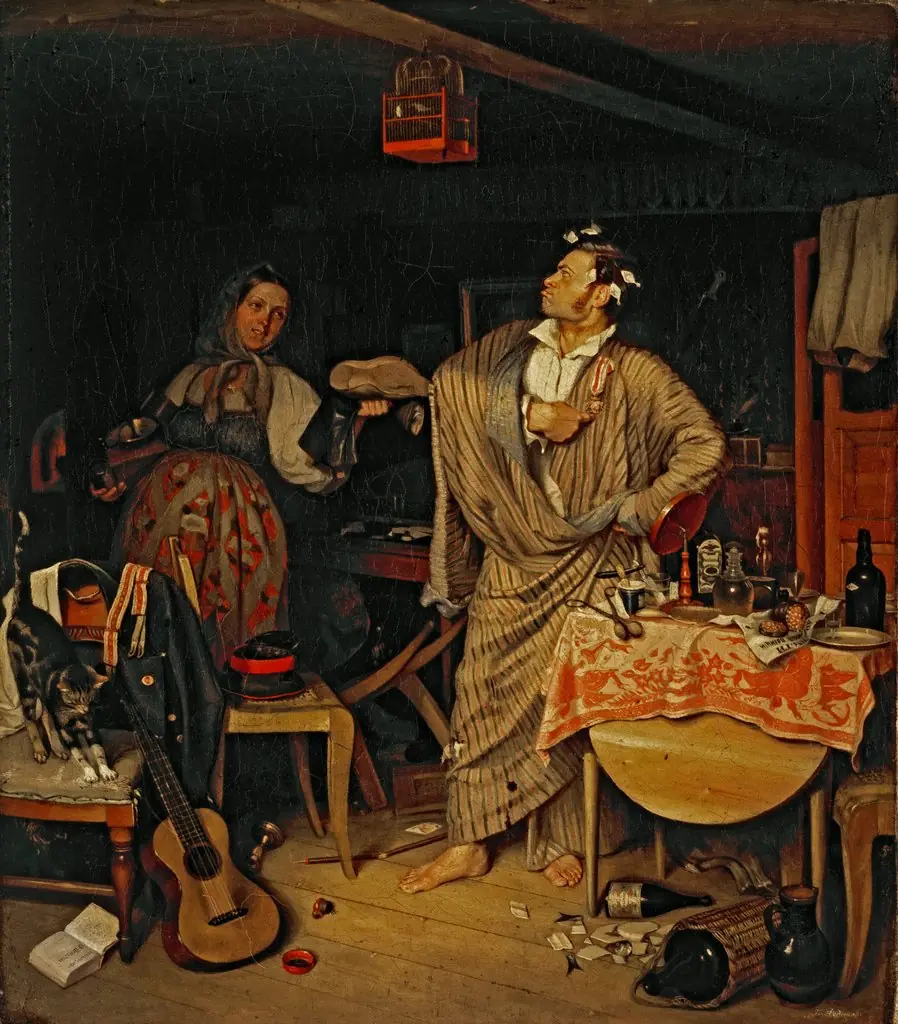 "The fresh cavalier." The 'morning after' of an official who has received his first state order, by Pavel Fedotov, oil, 1846
