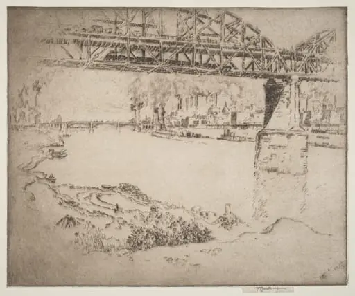 The City Bridge, St. Louis, by Joseph Pennell, ink, 1919