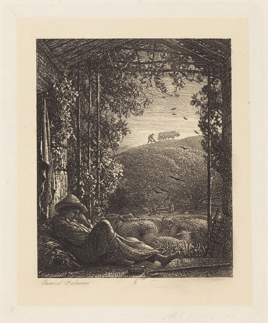 The Sleeping Shepherd; Early Morning, by Samuel Palmer, ink, 1857