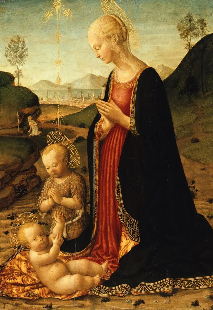 Mary and John Adoring the Child, by Francesco Botticini, paint, 1496