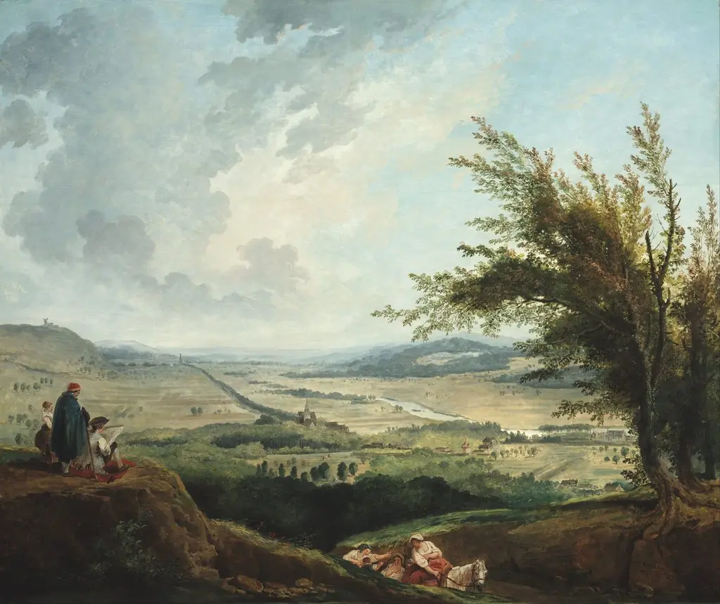 An Extensive Landscape Near Paris, by Hubert Robert, oil, 1791