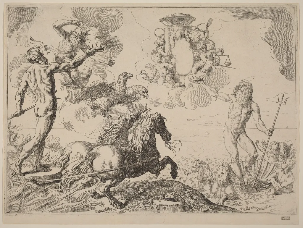 Jupiter, Neptune and Pluto, by Simone Cantarini, ink, 1630