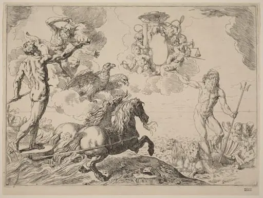 Jupiter, Neptune and Pluto, by Simone Cantarini, ink, 1630