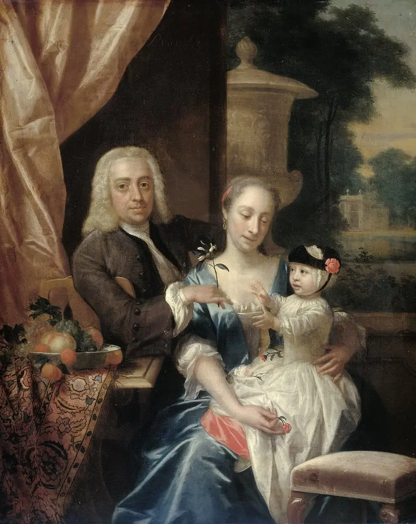 Family Portrait of Isaac Parker, his Wife Justina Johanna Ramskrammer and their young Son Willem Alexander, by Philip van Dijk, oil, 1742