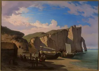 View of Cap d'Entifer in Etretat, Normandy, by Albert Żamett, oil, 1850