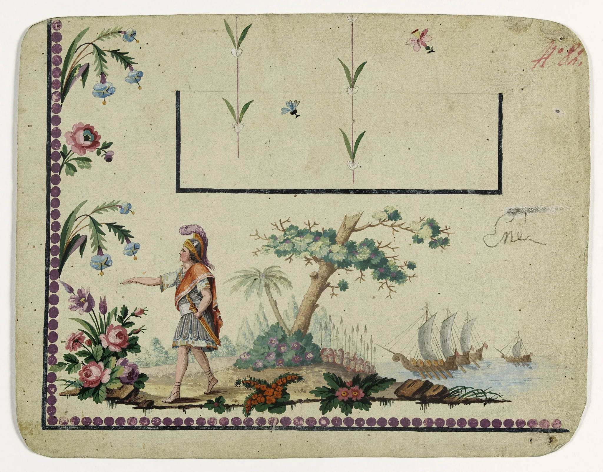 Gilet décor Enée aborde en Afrique ou en Italie [ ? ], projets de broderies de gilet, XVIIIème siècle, detail