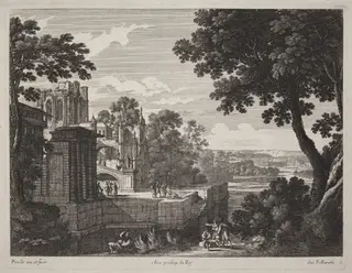 Large Landscape with a Ruined Abbey, by Gabriel Perelle, ink, 1640
