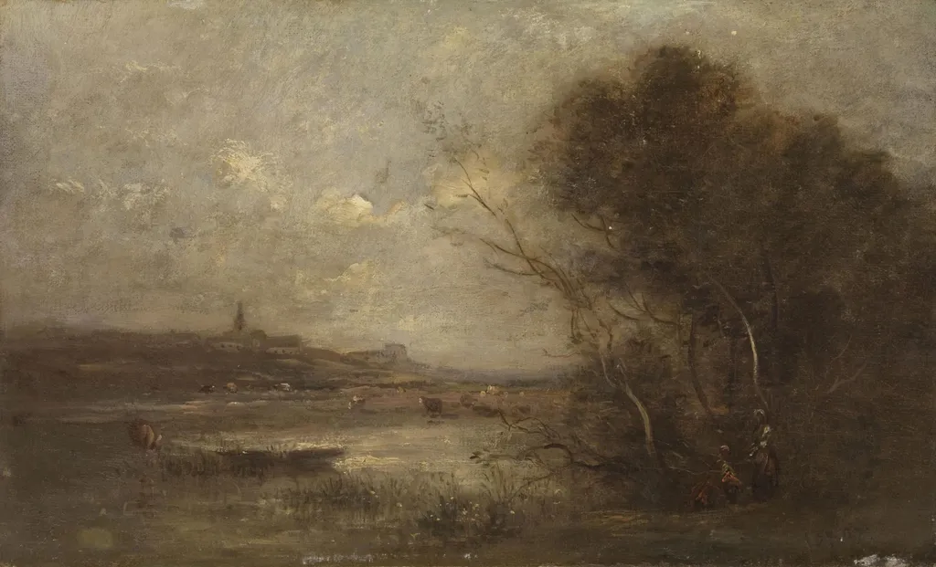 Landscape with a Village, by Jean Baptiste Camille Corot, oil, 1845