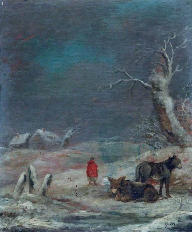 Winter Scene with Women and Donkeys, detail