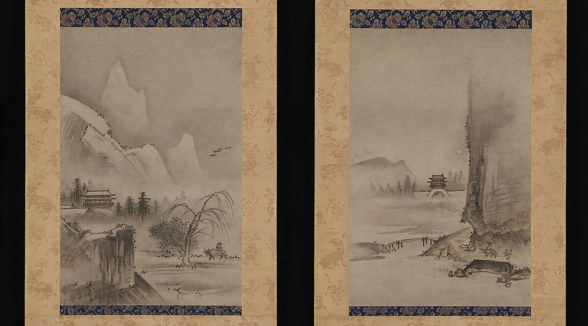鑑貞筆 瀟湘八景中の二景図|Two Views from the Eight Views of the Xiao and Xiang Rivers, detail