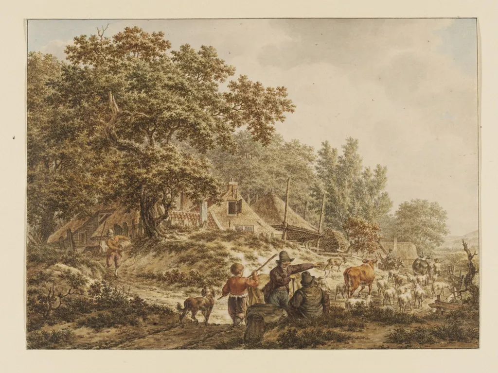 Herdsmen and Their Flocks Before a Dutch Farmstead Among Trees, by Jacob Cats, watercolor, 1783
