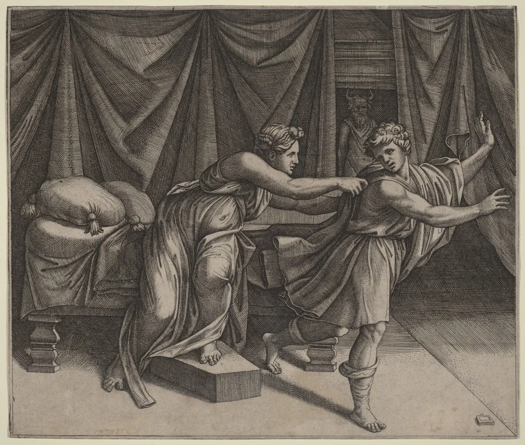 Joseph and Potiphar's Wife, by Marcantonio Raimondi, ink, 1520