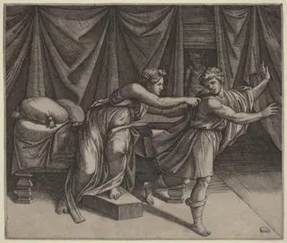 Joseph and Potiphar's Wife, by Marcantonio Raimondi, ink, 1520