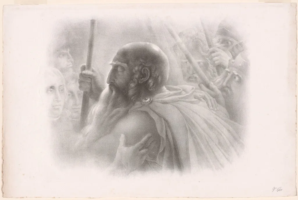 Hoche, Joubert, and Ossian [Ossian Receiving the Shades of French Heroes], by Hyacinthe-Louis-Victor-Jean-Baptiste Aubry-Lecomte, ink, 1821