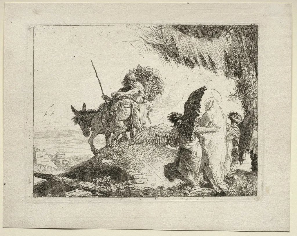 The Flight into Egypt:  The Flight with the Madonna at Right Supported by Angels, by Giovanni Domenico Tiepolo, 1752