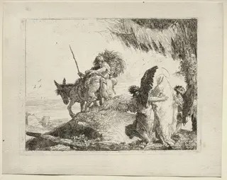 The Flight into Egypt:  The Flight with the Madonna at Right Supported by Angels, by Giovanni Domenico Tiepolo, 1752