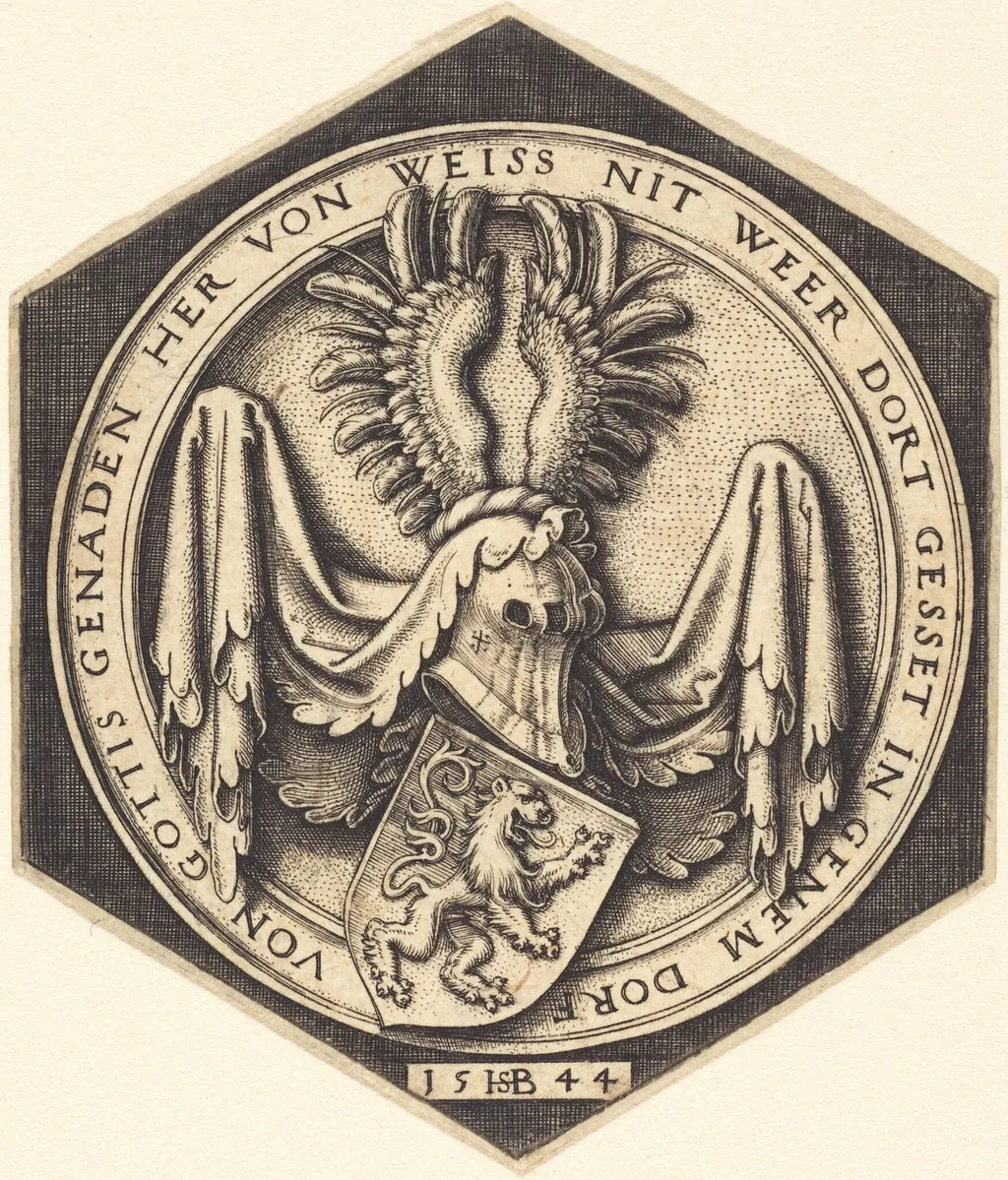 Coat of Arms with a Rampant Lion, by Sebald Beham, ink, 1544