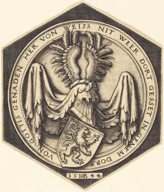 Coat of Arms with a Rampant Lion, by Sebald Beham, ink, 1544