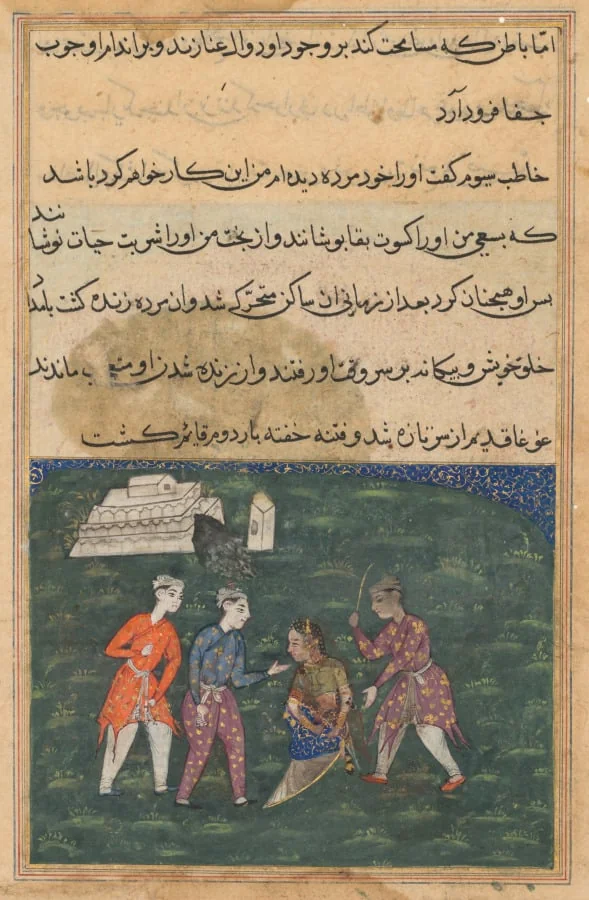 The third suitor strikes the devotee’s daughter and thus restores her to life, from a Tuti-nama (Tales of a Parrot): Twentieth Night, detail