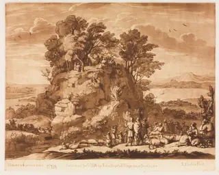 Liber Veritatis:  No. 138, A View of the Sea, with Christ Preaching on the Mount (the water below may probably be intended for the Sea of Tiberius), by Richard Earlom, 1776