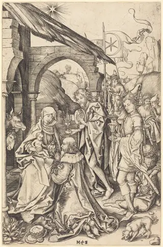 The Adoration of the Magi, by Martin Schongauer, ink, 1472