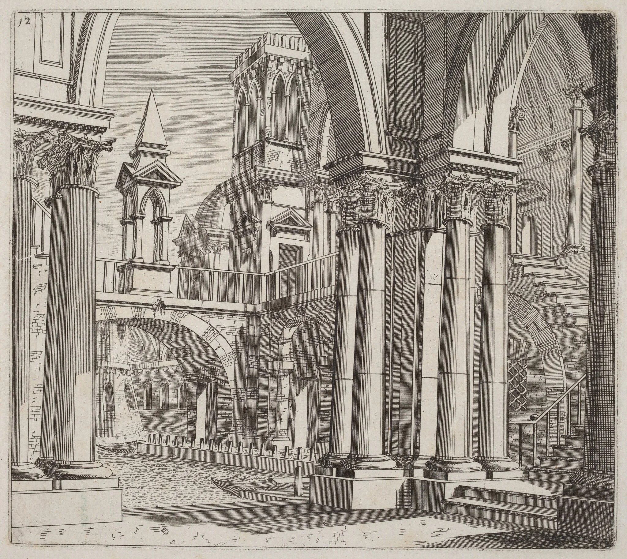 Architectural Fantasy with Buildings, Stairways, and Portals beside a Canal, detail