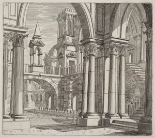 Architectural Fantasy with Buildings, Stairways, and Portals beside a Canal, by Giuseppe Antonio Landi, ink, 1753