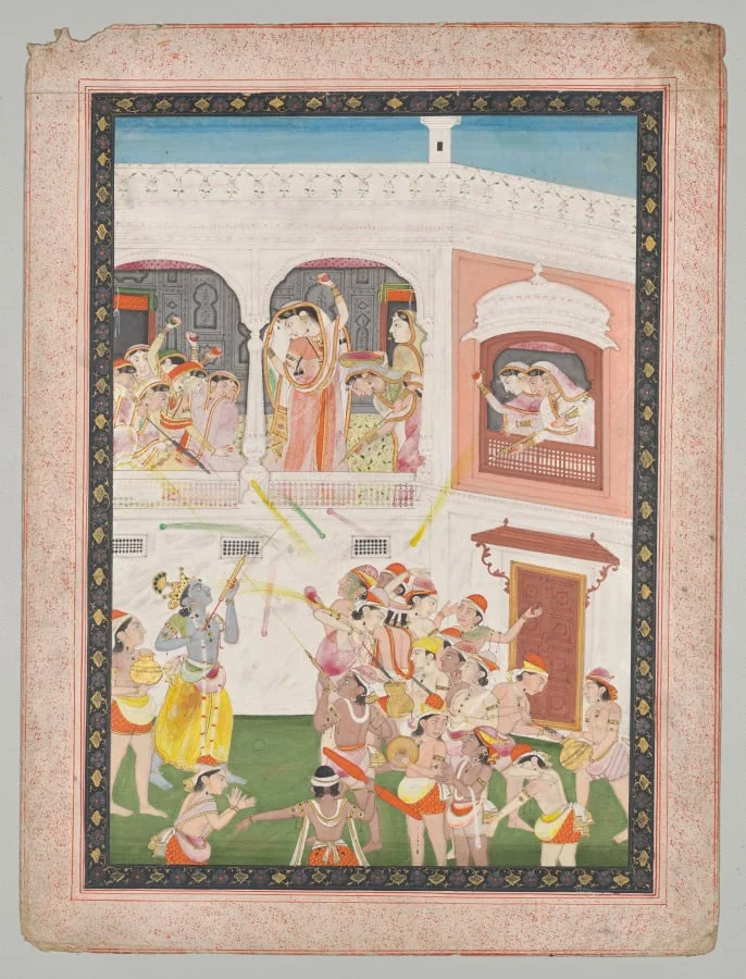 Radha and Hindu God Krishna celebrating the festival Holi, detail