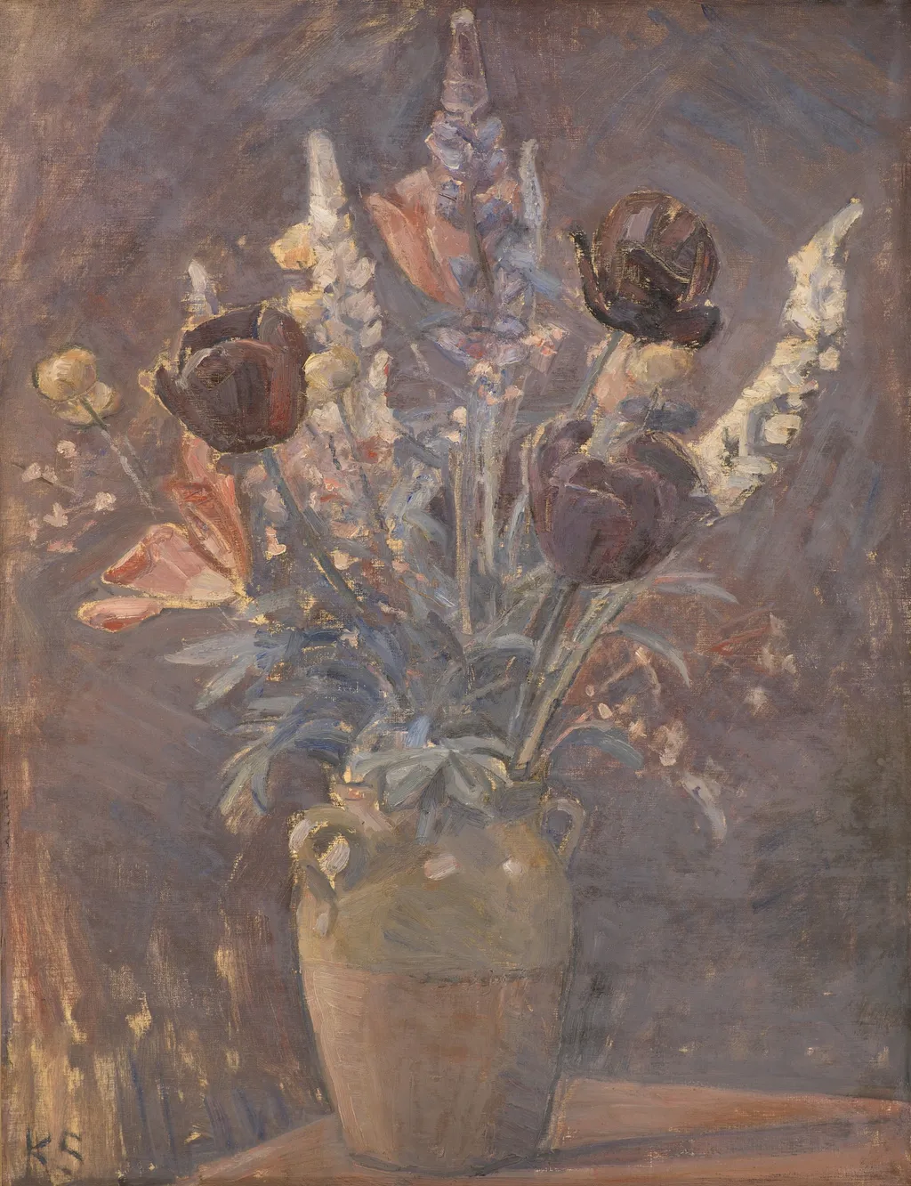 Lervase med tulipaner og andre blomster, by Karl Schou, oil, 1911