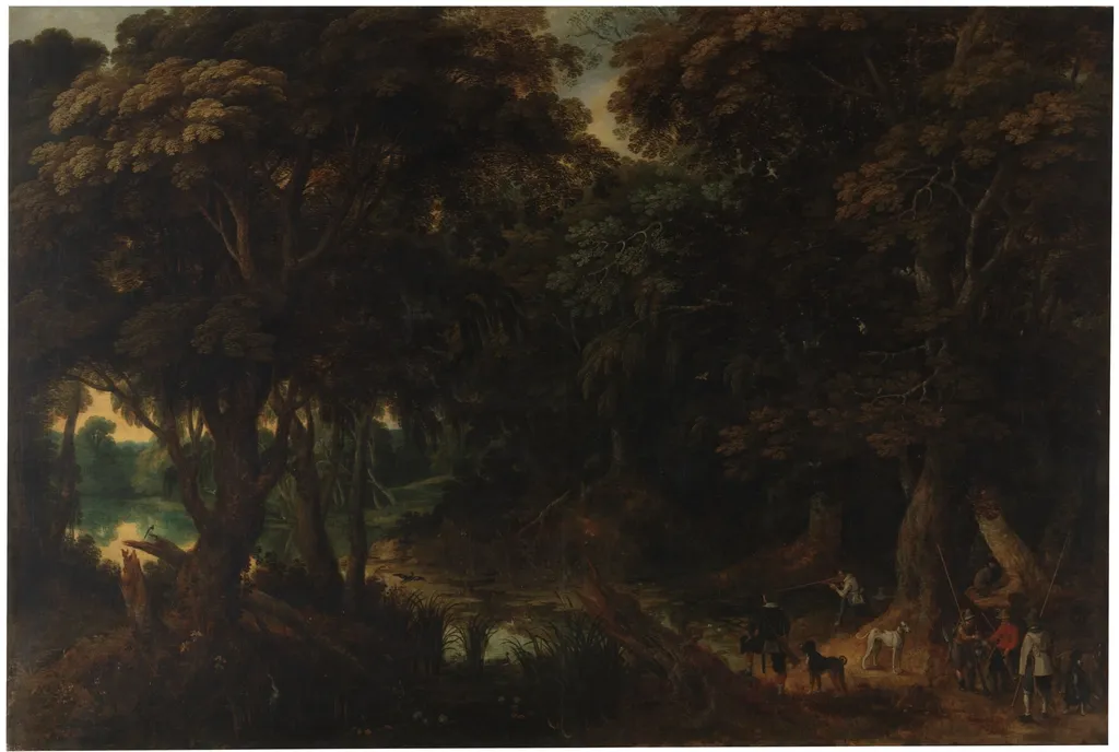 Wooded landscape with hunters, by Peter Snayers, oil, 1601
