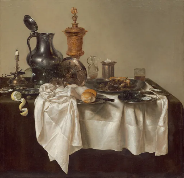 Willem Claesz Heda, Banquet Piece with Mince Pie. The toppled glass, the half-cut pie, and the watch at the table's edge turn a luxury still life into an argument about time.