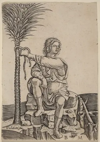 Man Seated by a Palm Tree, by Benedetto Montagna, ink, 1512