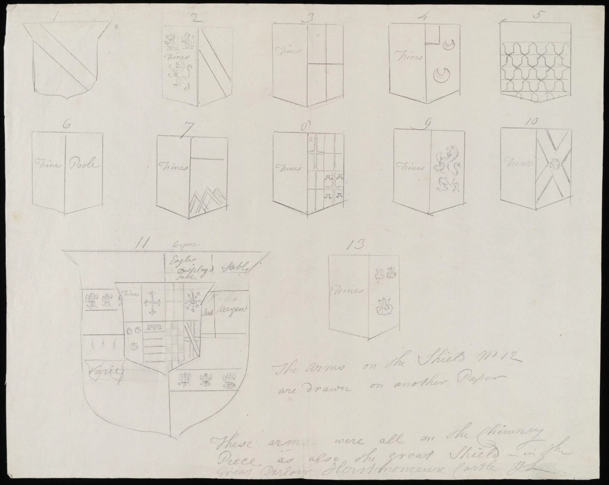 Sketches of coats of arms on chimney-piece of Great Parlour., detail