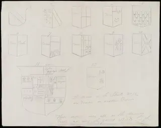 Sketches of coats of arms on chimney-piece of Great Parlour., by James Lambert senior, 1776